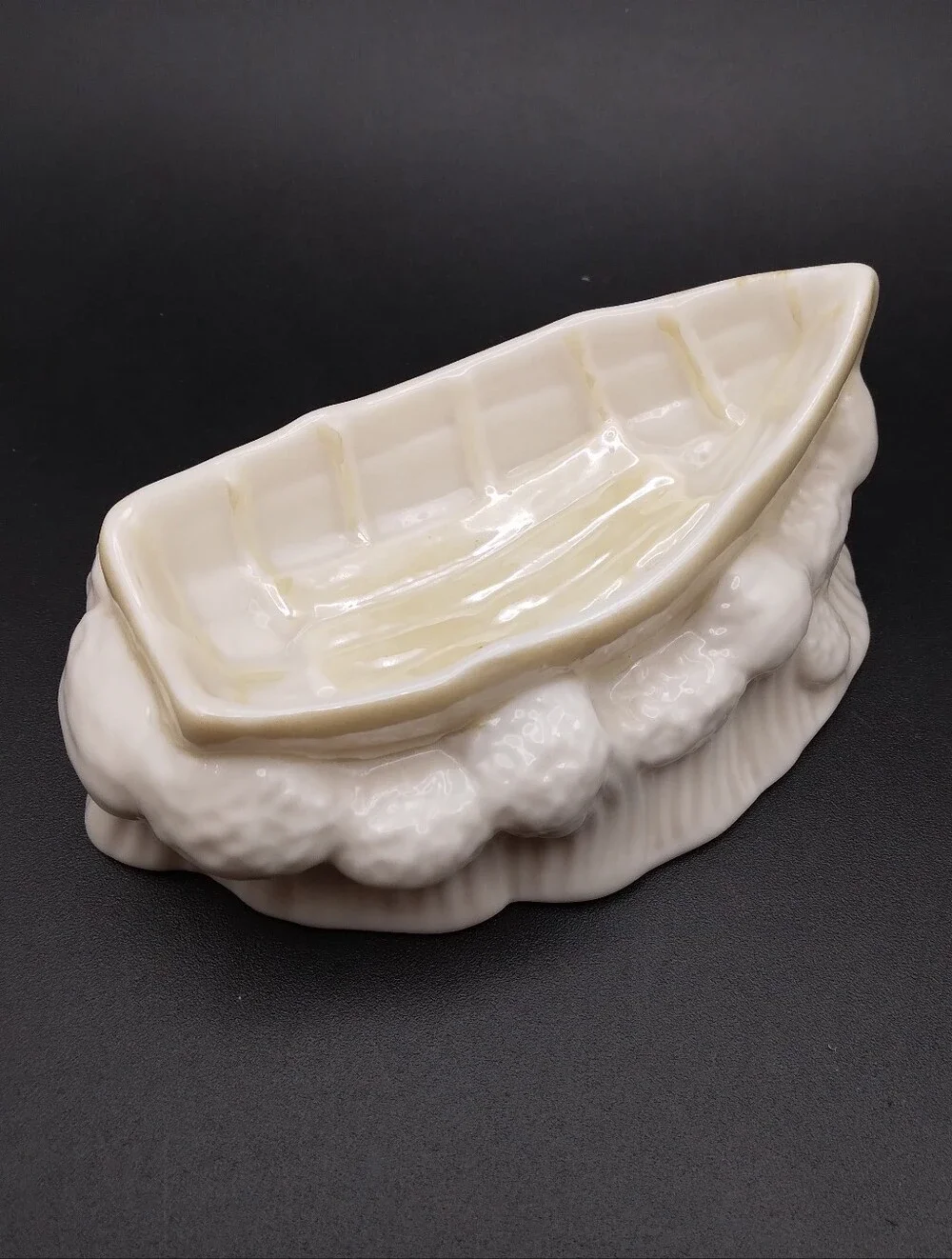 Vintage Belleek Pottery Row Boat On Waves Salt Cellar/Trinket Dish/Ashtray